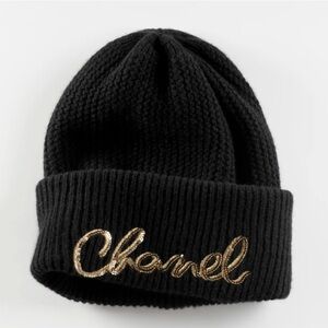 Chanel 100% Cashmere Black with Gold Sequin Beanie